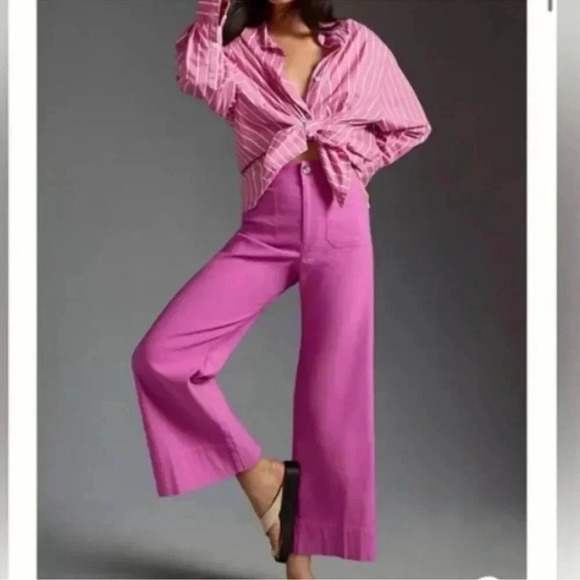 NWT Anthropologie The Colette Linen Cropped Wide Leg Pants Maeve Pink Rose 31 - Picture 3 of 13